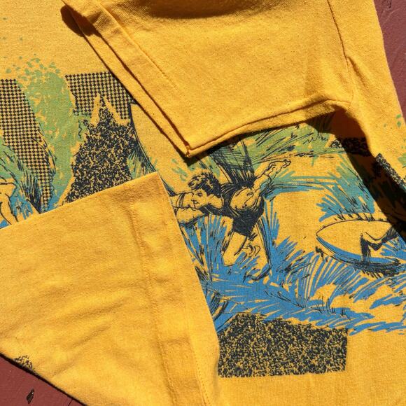 Vintage 80s Hot Sessions Surfing AOP T Shirt Yellow Blue Single Stitch Baby Tee - Picture 4 of 11
